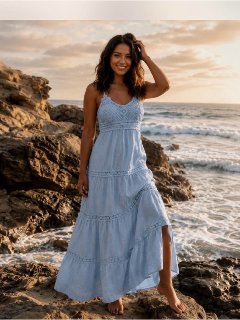 LaDiosa Crochet-Trim Light Blue Maxi Dress with Side Slit